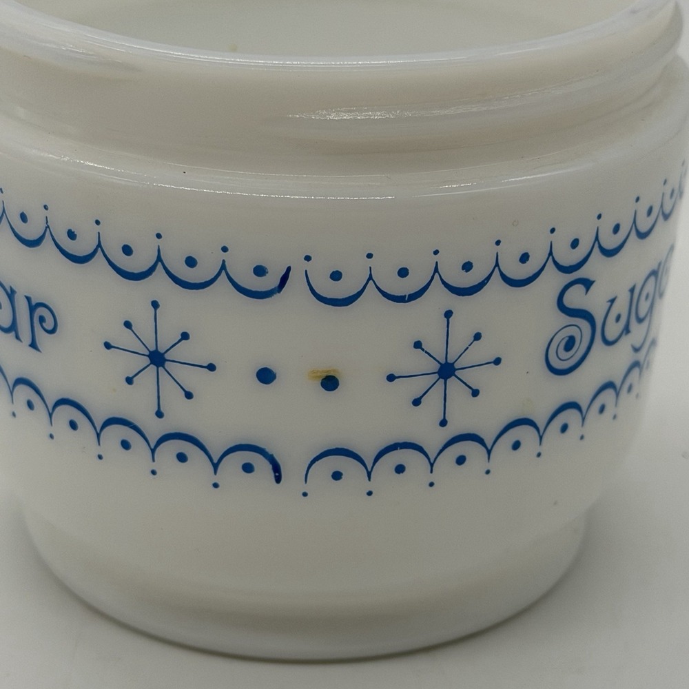 VTG GEMCO Milk Glass Blue Snowflake Garland Pattern Sugar‎ Container Atomic MCM - Picture 4 of 7